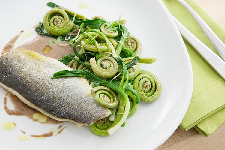 Union Market Recipe: Roasted Branzino with Fiddlehead Ferns, Pickled Ramps, and Burnt Bread Sauce